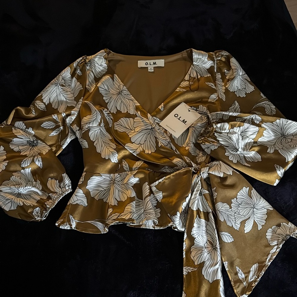 O.L.M. Satin Floral side tie Wrap Top Long sleeve Blouse Gold Chartreuse Green